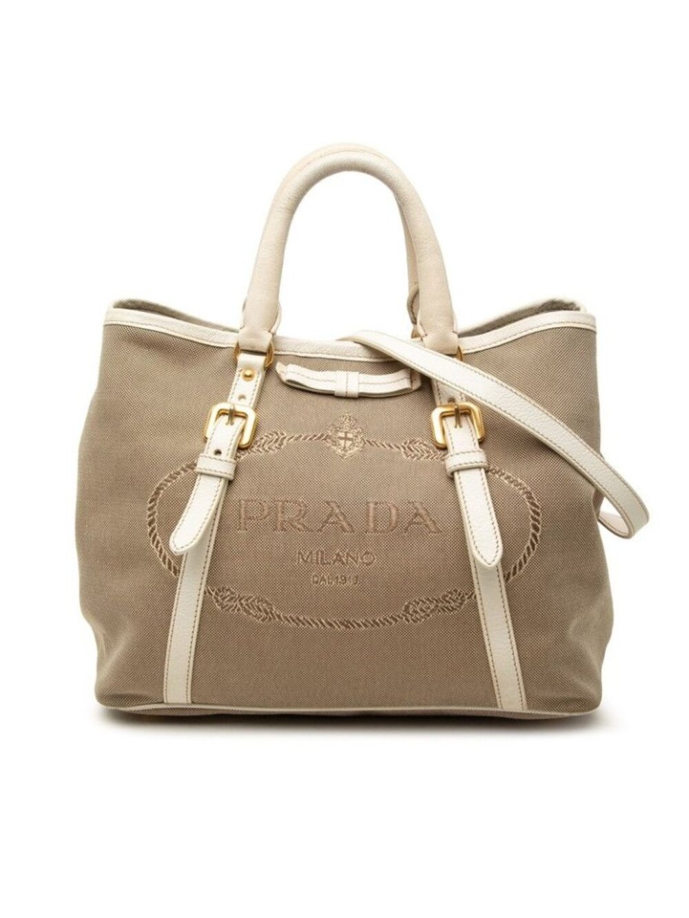 Prada Logo Jacquard Tote Shoulder Bag 2-Way Brown White Canvas Leather